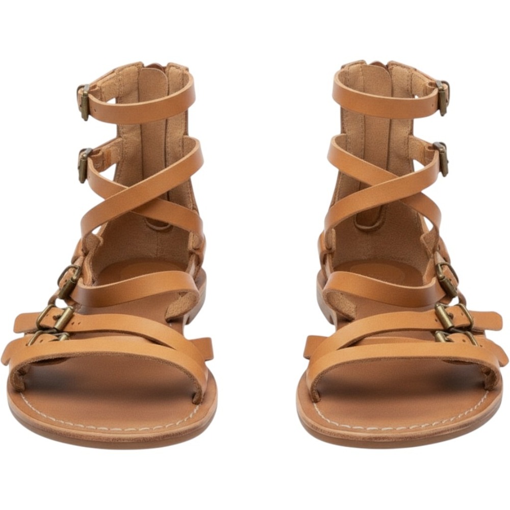 Rebel-  Tan Leather Gladiator Sandals Strappy Buckle Back Zip Flat Boho
